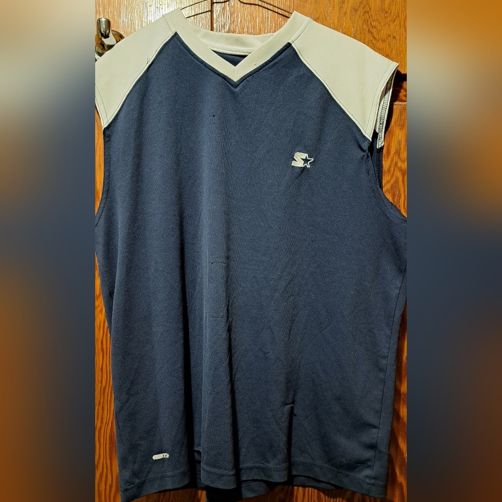 Men's Starter Blue and Cream Sleeveless Top